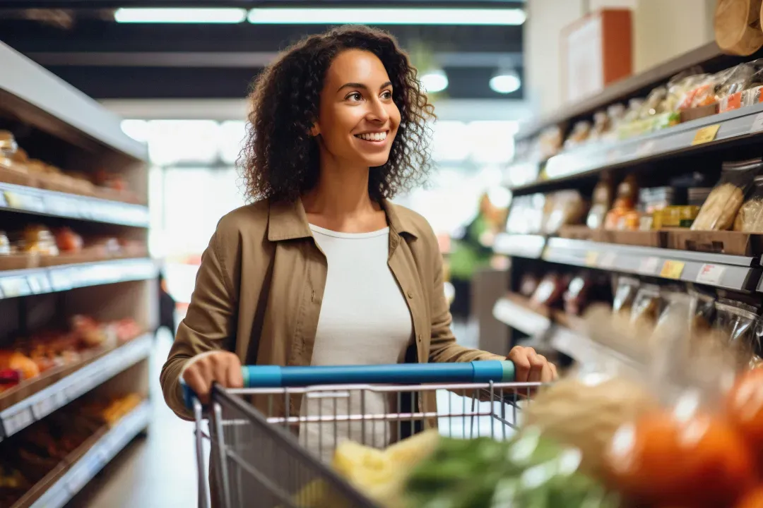 A shopper scanning a supermarket aisle