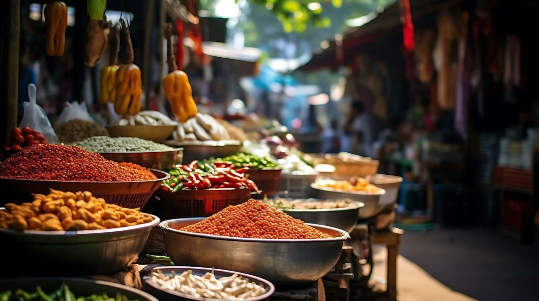 A stone path through a jungle market lined with produce