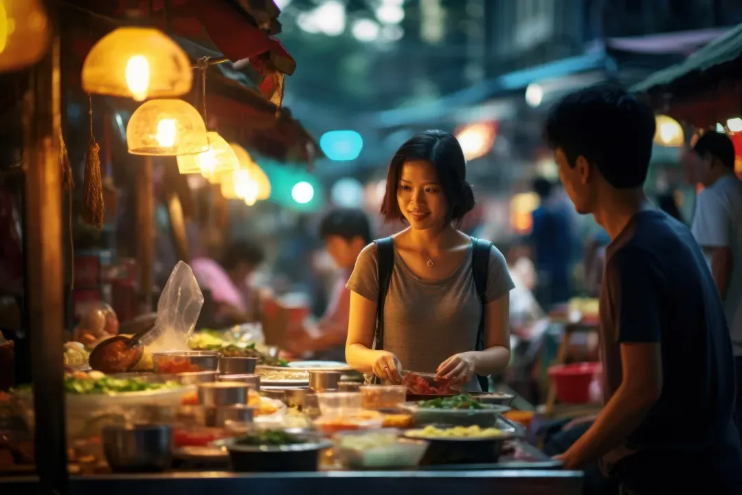 A cook at a lantern-lit night market stall