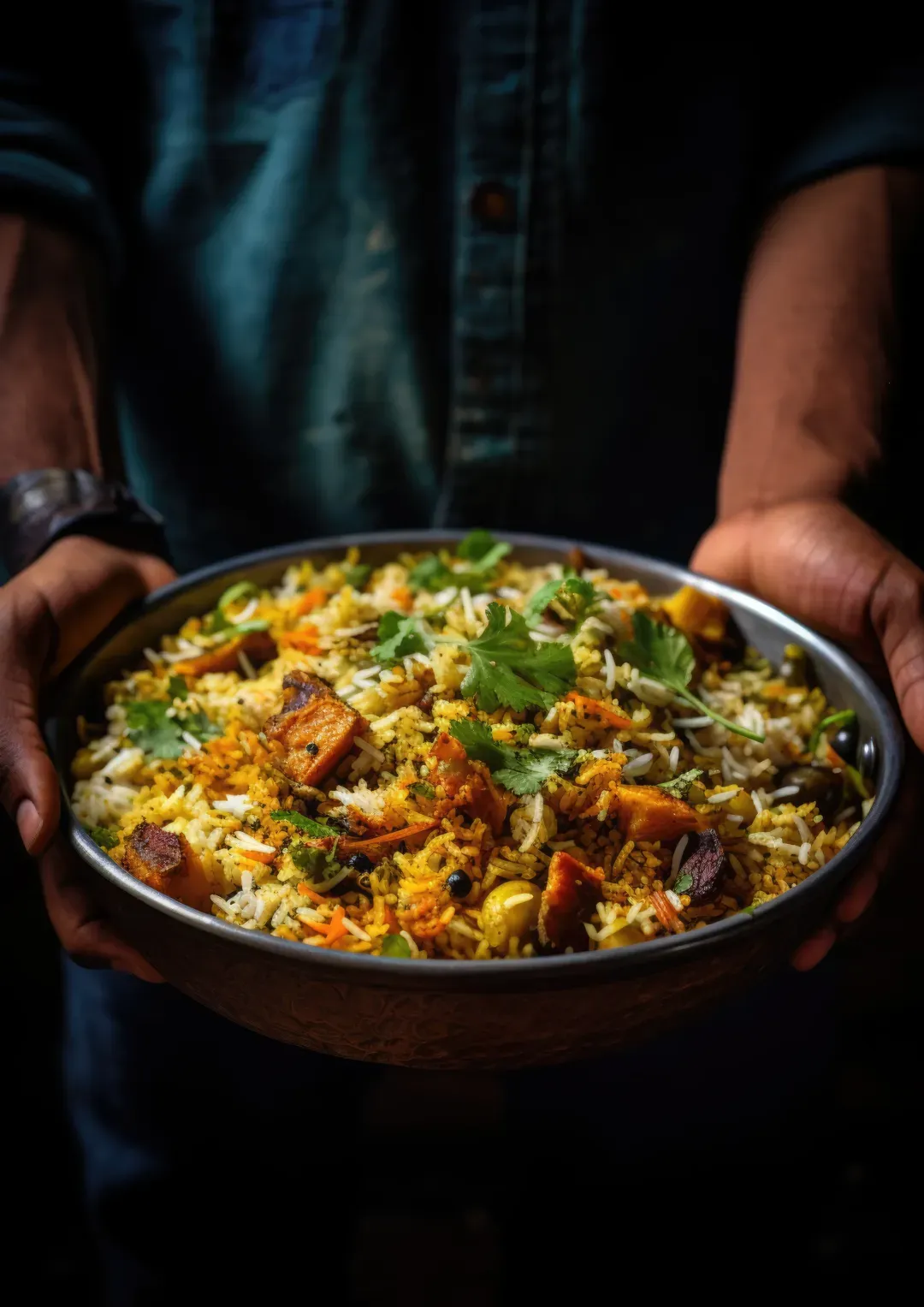 Hands holding out a bowl of spiced rice